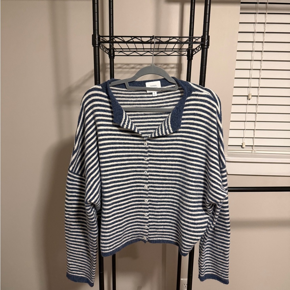 Navy and White Striped Button Down Women's Top